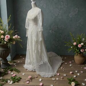 True Vintage 1970s Lace Wedding Gown – Sheer Bishop Sleeves & Chapel Train XS
